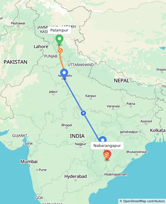 Route map showing distance and travel time from Palampur, India to Nabarangapur, India