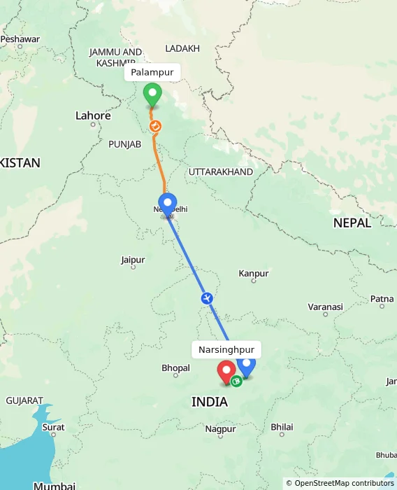 Route map showing distance and travel time from Palampur, India to Narsinghpur, India