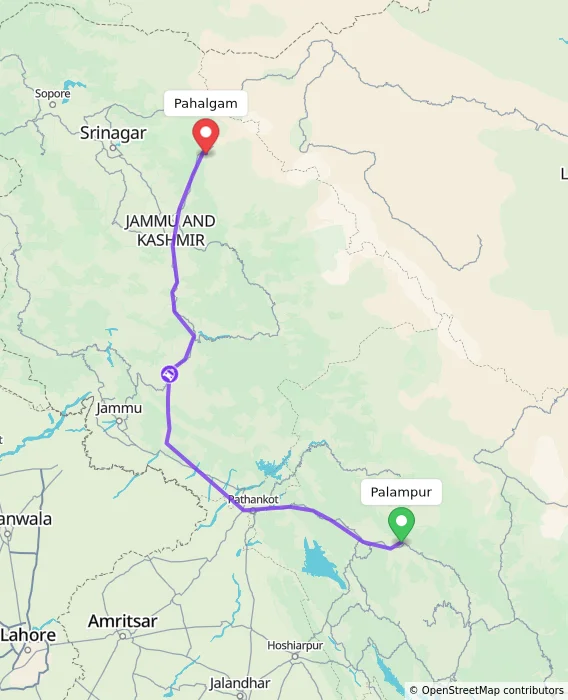 Route map showing distance and travel time from Palampur, India to Pahalgam, India