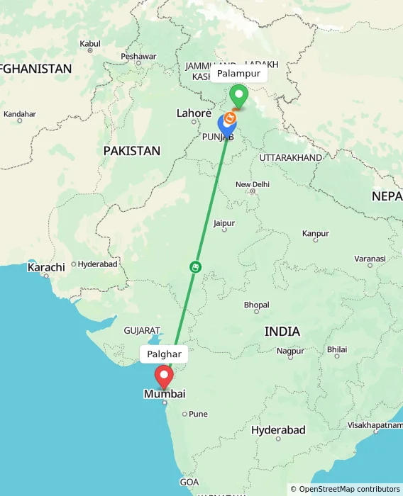 Route map showing distance and travel time from Palampur, India to Palghar, India