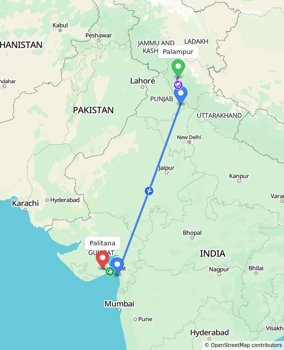 Route map showing distance and travel time from Palampur, India to Palitana, India