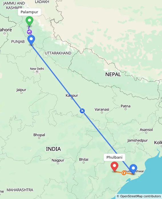 Route map showing distance and travel time from Palampur, India to Phulbani, India