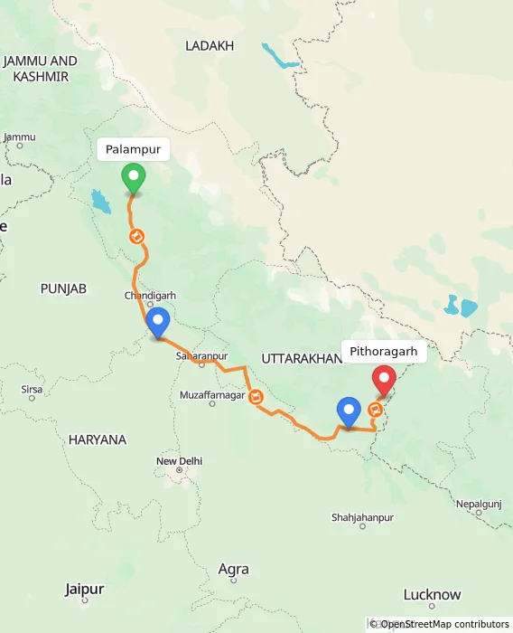 Route map showing distance and travel time from Palampur, India to Pithoragarh, India