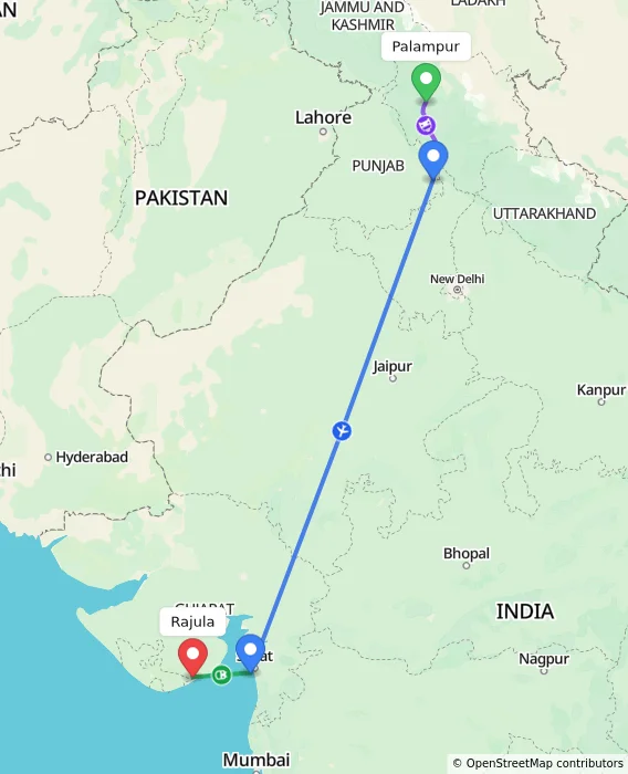Route map showing distance and travel time from Palampur, India to Rajula, India