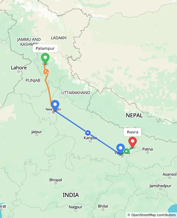 Route map showing distance and travel time from Palampur, India to Rasra, India