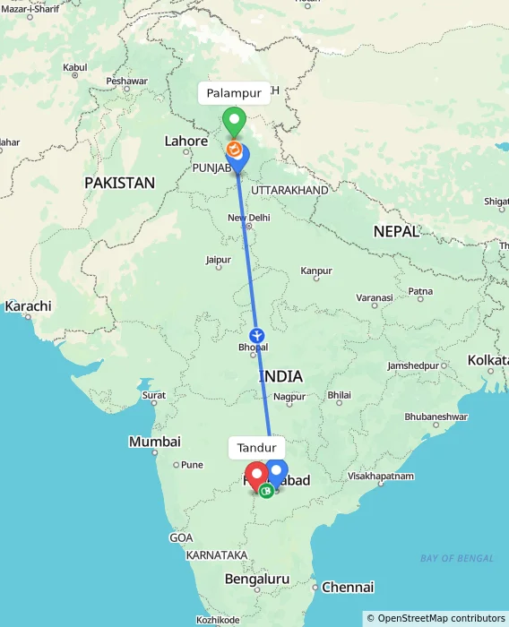 Route map showing distance and travel time from Palampur, India to Tandur, India