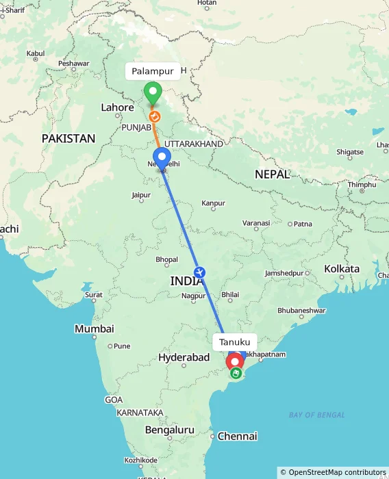Route map showing distance and travel time from Palampur, India to Tanuku, India
