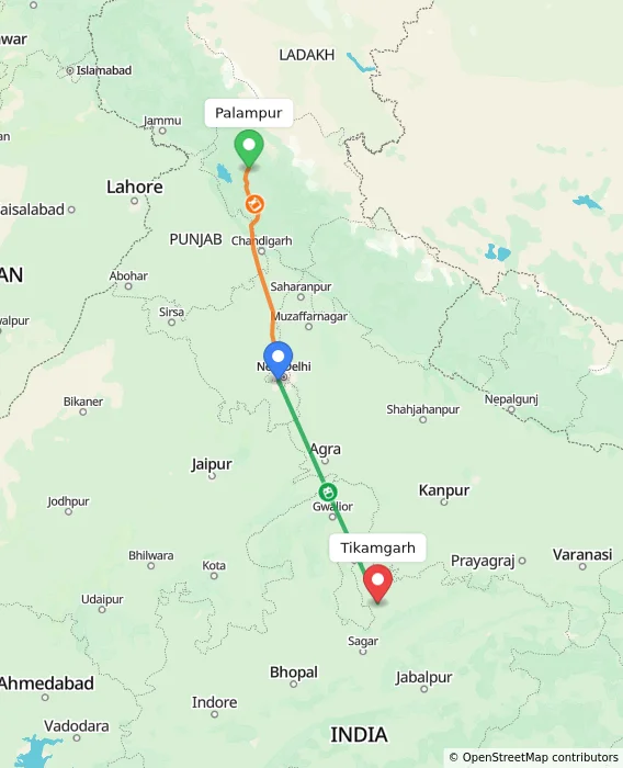Route map showing distance and travel time from Palampur, India to Tikamgarh, India