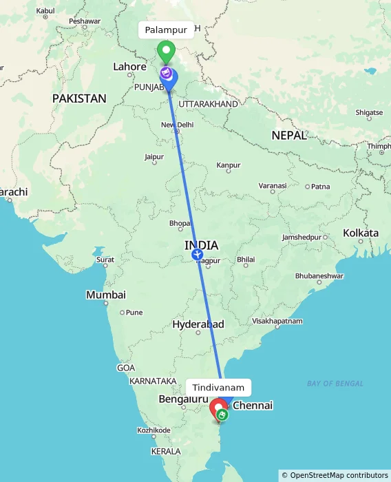 Route map showing distance and travel time from Palampur, India to Tindivanam, India