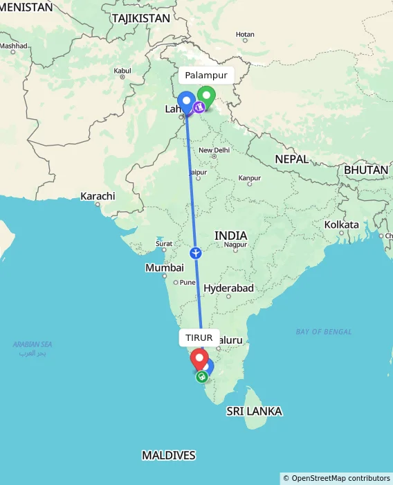 Route map showing distance and travel time from Palampur, India to TIRUR, India