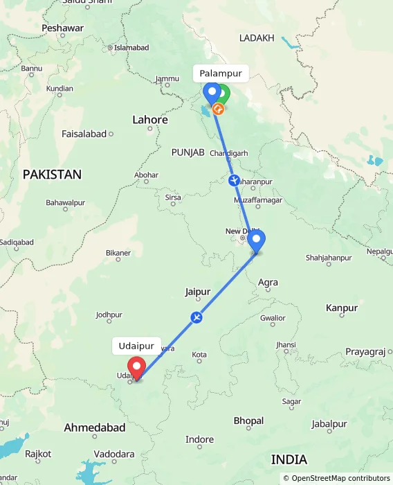 Route map showing distance and travel time from Palampur, India to Udaipur, India