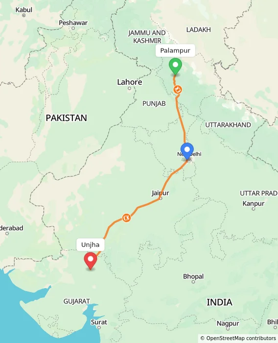 Route map showing distance and travel time from Palampur, India to Unjha, India
