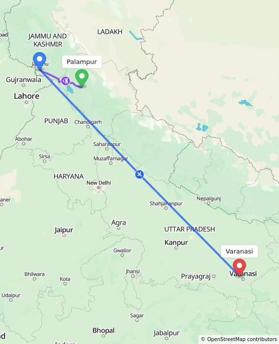 Route map showing distance and travel time from Palampur, India to Varanasi, India