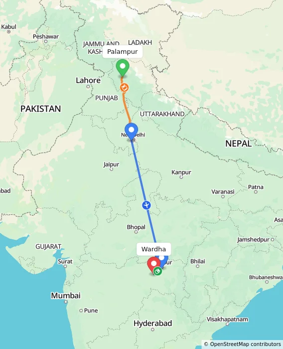 Route map showing distance and travel time from Palampur, India to Wardha, India