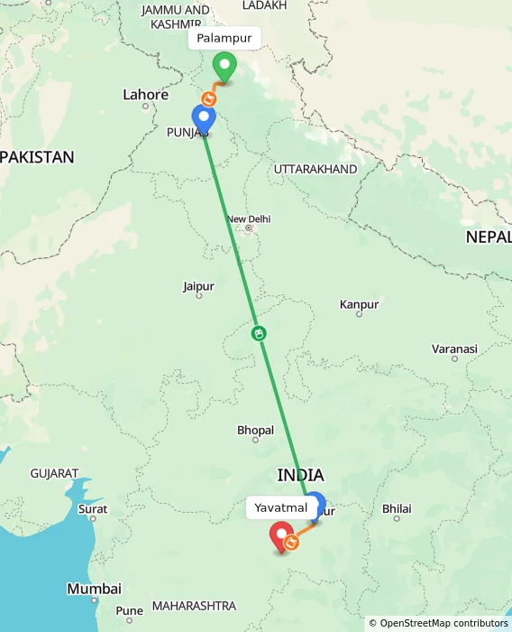 Route map showing distance and travel time from Palampur, India to Yavatmal, India