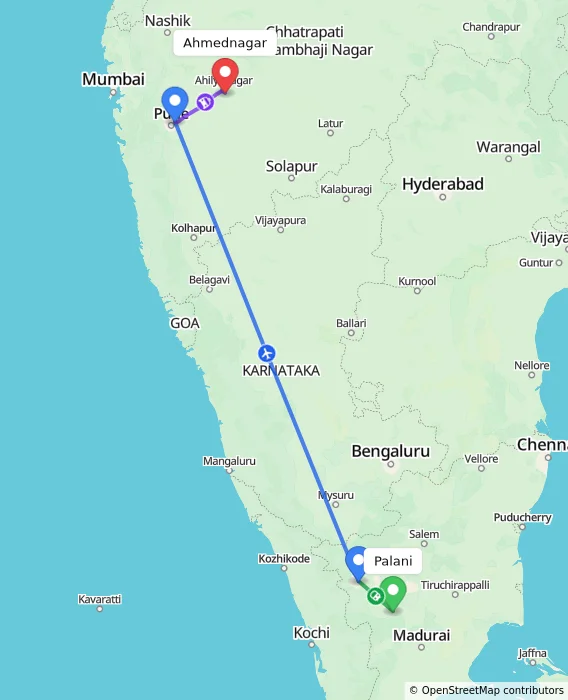 Route map showing distance and travel time from Palani, India to Ahmednagar, India