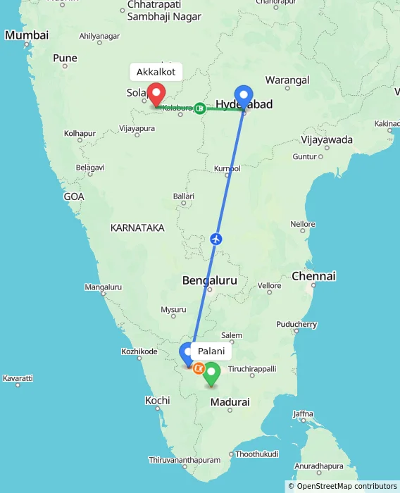 Route map showing distance and travel time from Palani, India to Akkalkot, India