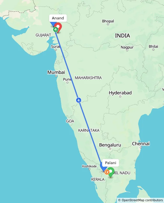 Route map showing distance and travel time from Palani, India to Anand, India