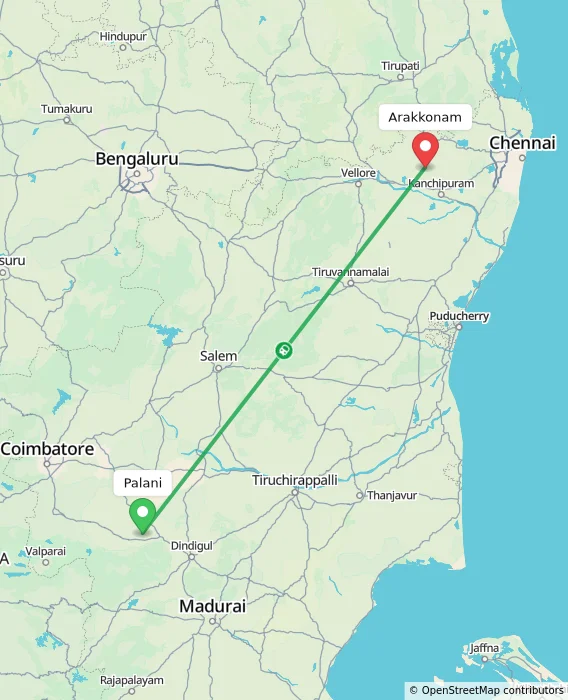 Route map showing distance and travel time from Palani, India to Arakkonam, India