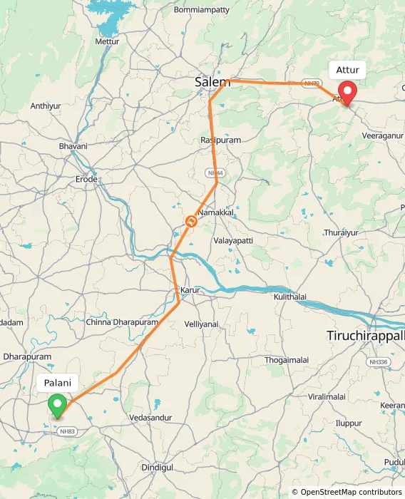 Route map showing distance and travel time from Palani, India to Attur, India
