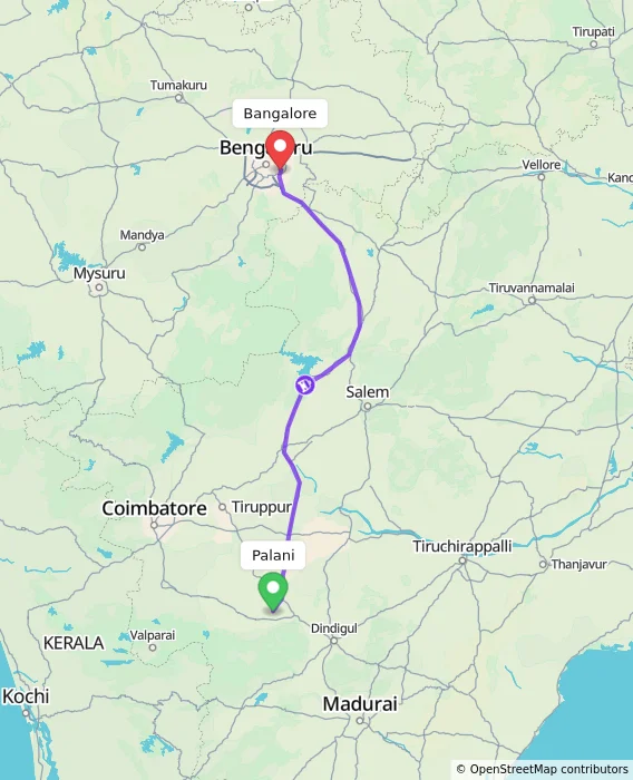 Route map showing distance and travel time from Palani, India to Bangalore, India