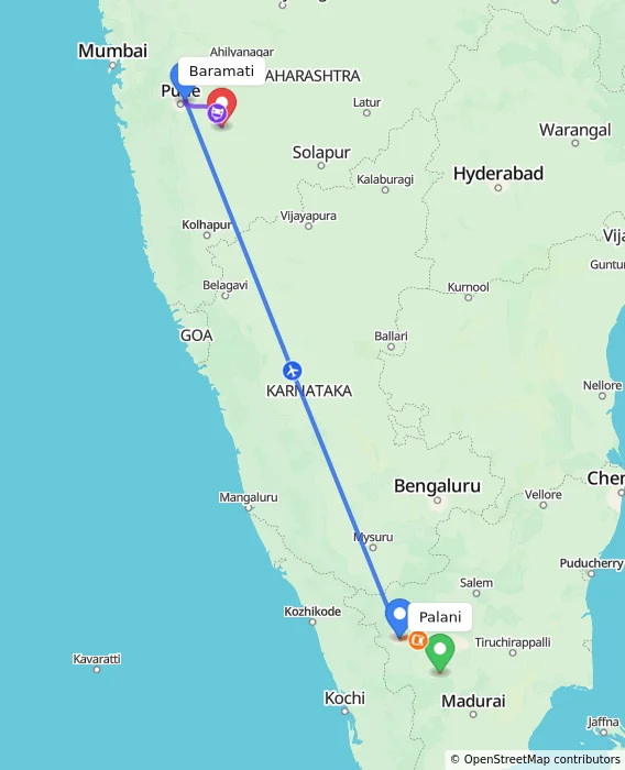 Route map showing distance and travel time from Palani, India to Baramati, India