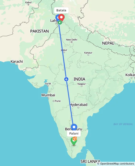Route map showing distance and travel time from Palani, India to Batala, India