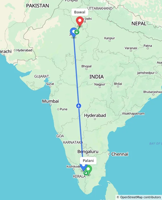 Route map showing distance and travel time from Palani, India to Bawal, India