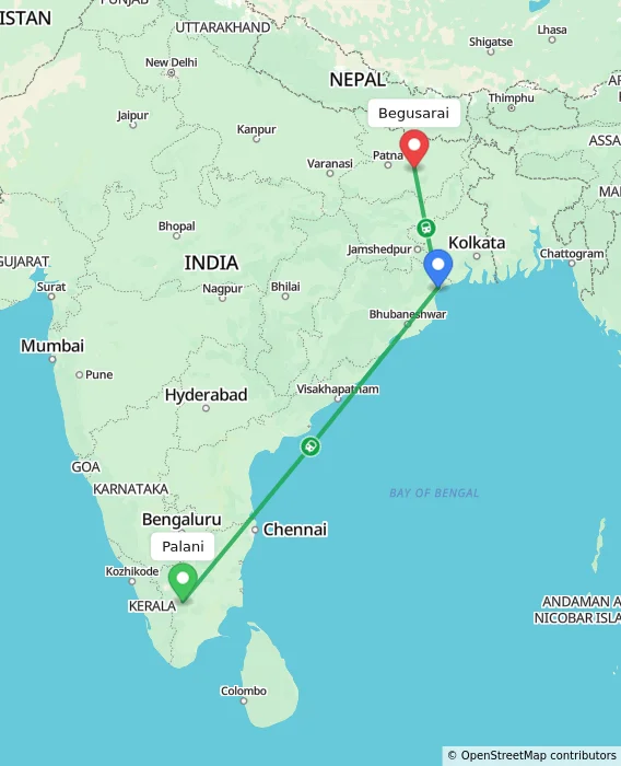 Route map showing distance and travel time from Palani, India to Begusarai, India