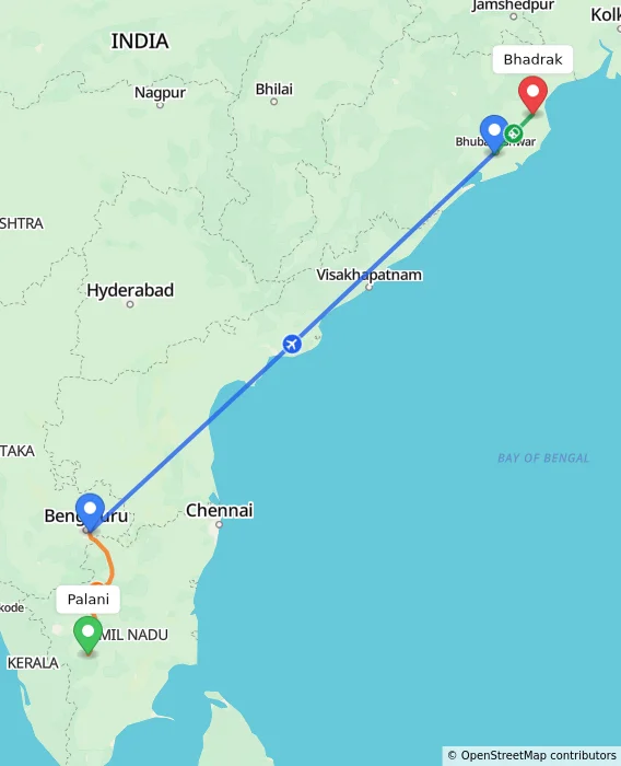 Route map showing distance and travel time from Palani, India to Bhadrak, India
