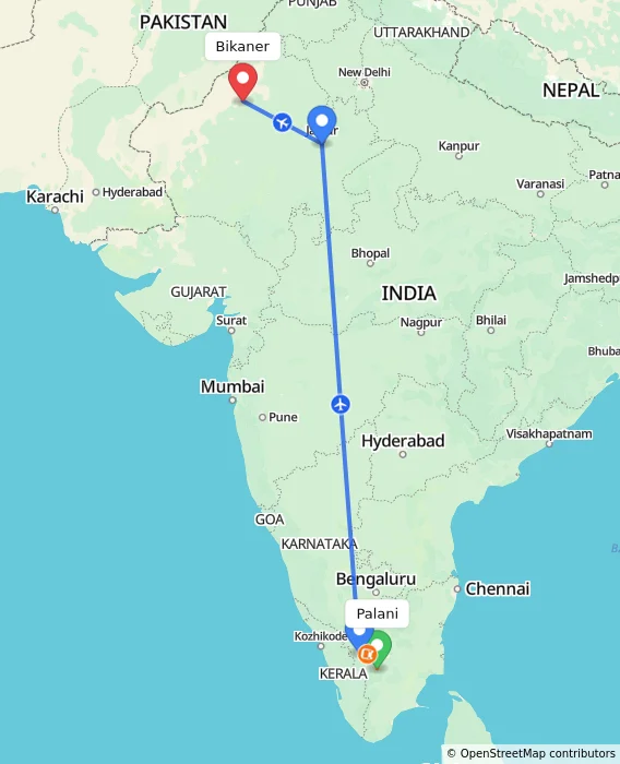 Route map showing distance and travel time from Palani, India to Bikaner, India