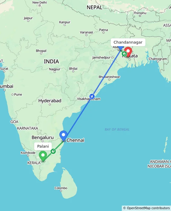 Route map showing distance and travel time from Palani, India to Chandannagar, India