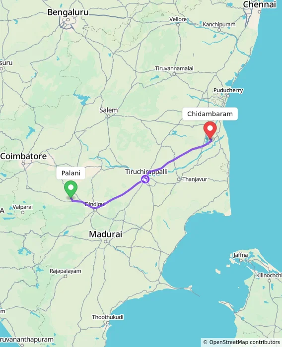 Route map showing distance and travel time from Palani, India to Chidambaram, India