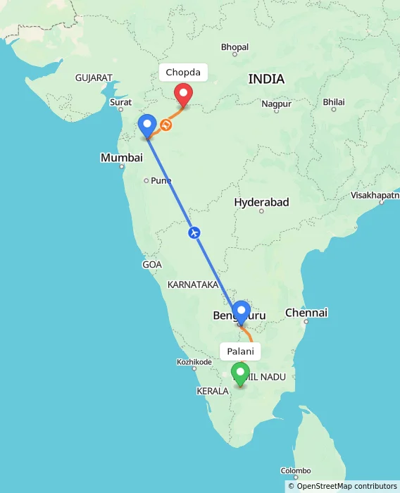 Route map showing distance and travel time from Palani, India to Chopda, India