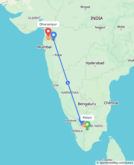 Route map showing distance and travel time from Palani, India to Dharampur, India
