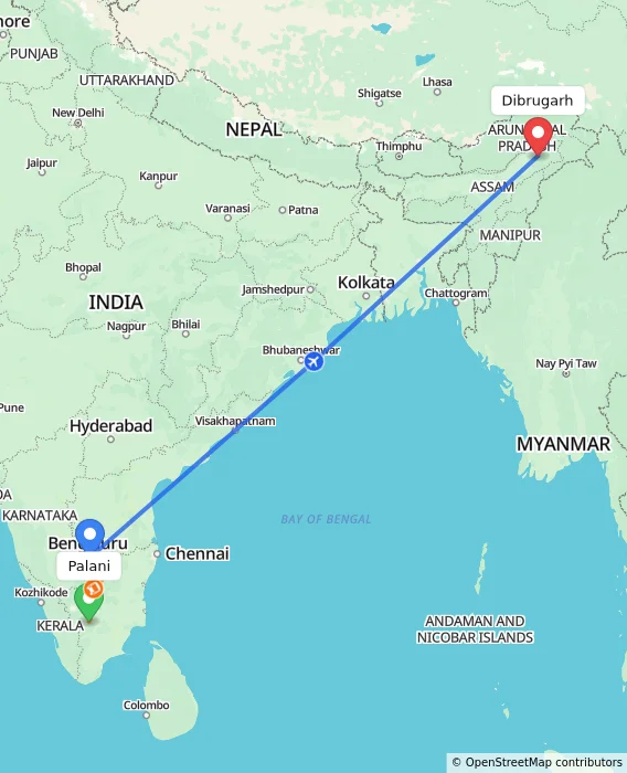 Route map showing distance and travel time from Palani, India to Dibrugarh, India