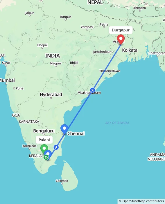 Route map showing distance and travel time from Palani, India to Durgapur, India