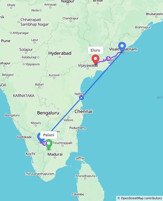 Route map showing distance and travel time from Palani, India to Eluru, India