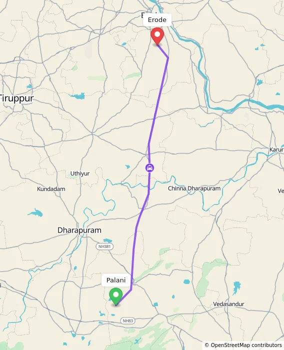 Route map showing distance and travel time from Palani, India to Erode, India