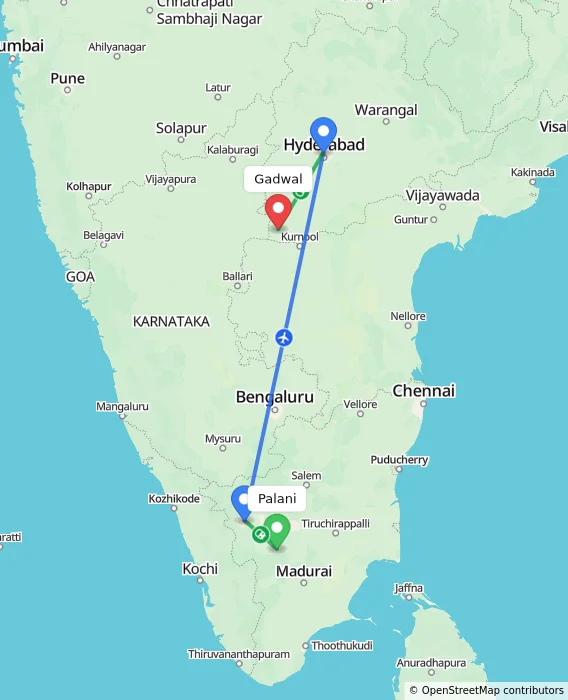 Route map showing distance and travel time from Palani, India to Gadwal, India