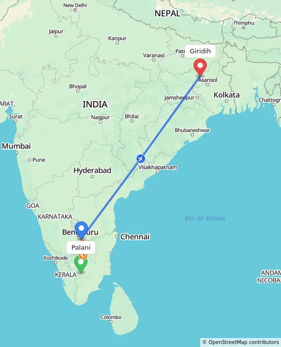Route map showing distance and travel time from Palani, India to Giridih, India