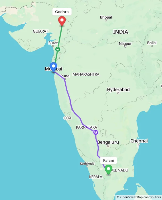 Route map showing distance and travel time from Palani, India to Godhra, India