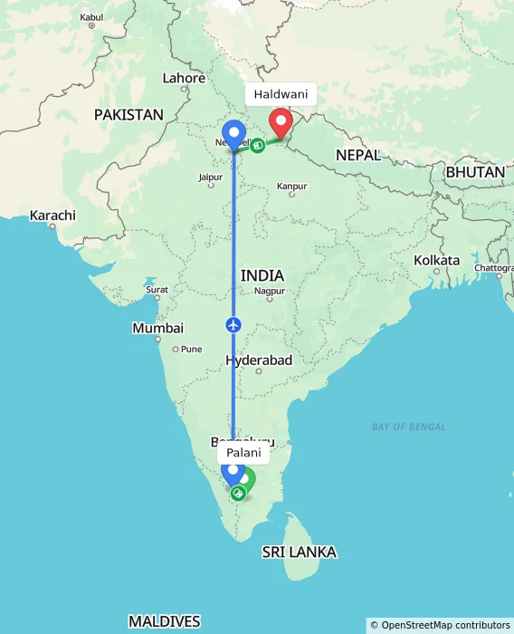 Route map showing distance and travel time from Palani, India to Haldwani, India