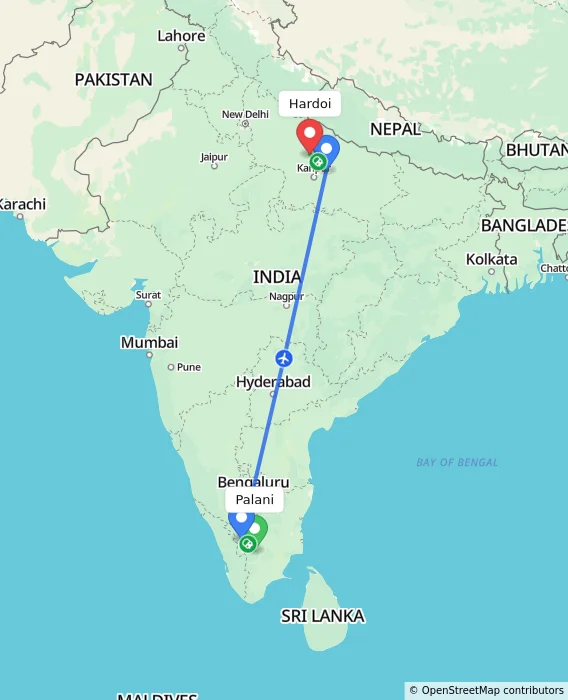 Route map showing distance and travel time from Palani, India to Hardoi, India