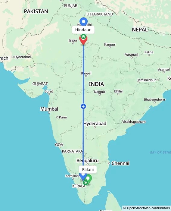 Route map showing distance and travel time from Palani, India to Hindaun, India