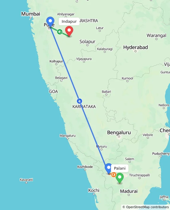 Route map showing distance and travel time from Palani, India to Indapur, India