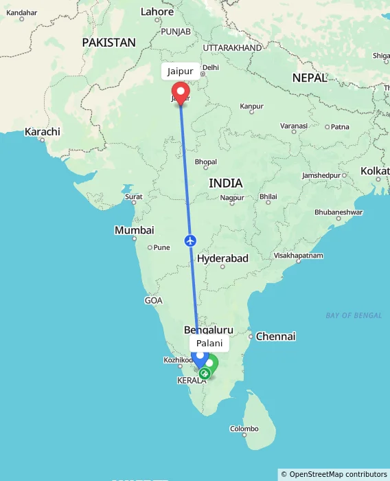 Route map showing distance and travel time from Palani, India to Jaipur, India