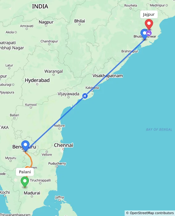 Route map showing distance and travel time from Palani, India to Jajpur, India