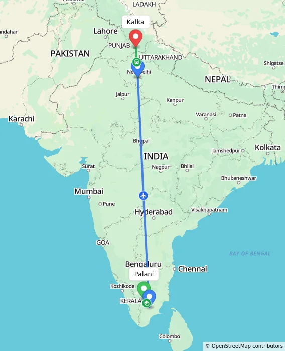 Route map showing distance and travel time from Palani, India to Kalka, India
