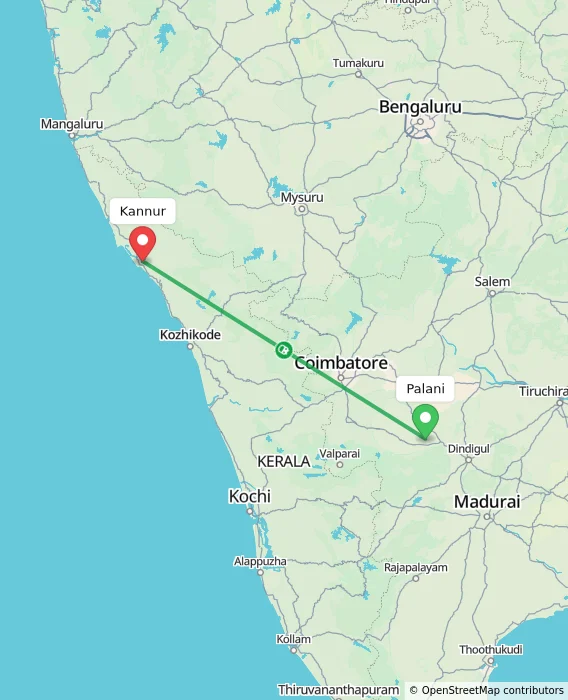 Route map showing distance and travel time from Palani, India to Kannur, India